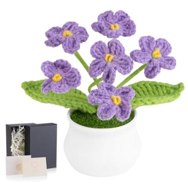 Imagem de LAIDANLA Flores roxas de crochê Forget Me Not, mini vasos de plantas feitas à mão para decoração de carro de escritório em casa, aniversário, formatura, Natal, presente de aniversário para mulheres