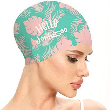 Imagem de Jonhasoo Touca de natação feminina, touca de natação de silicone para cabelos longos com estampa de flor (verde-folha)