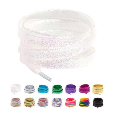 Imagem de Booyckiy Cadarços de tênis modernos coloridos planos de 78,7 a 180 cm, cadarços de sapato arco-íris, Branco com glitter, 55inch (140cm)