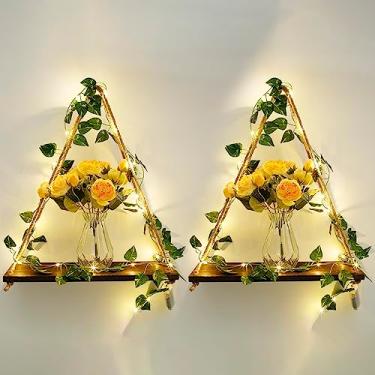 Imagem de 2 prateleiras para pendurar na parede com tira de LED, prateleiras flutuantes, decoração de parede de plantas, prateleiras suspensas de madeira com luz e cordão de luzes, prateleira de plantas boho