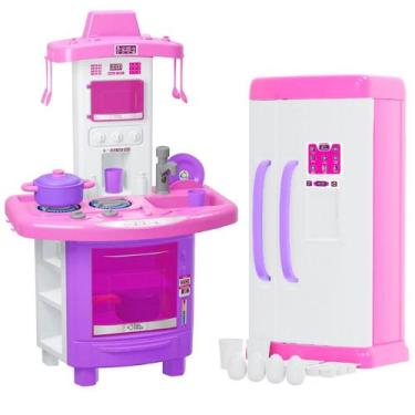 Imagem de Super Cozinha Infantil Fogão Geladeira Panelas Pia com Água Micro-onda