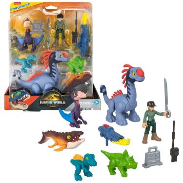 Imagem de Conjunto de figuras Fisher-Price Imaginext Jurassic World Rebirth com 1 humano, 5 dinossauros, lançador e acessórios