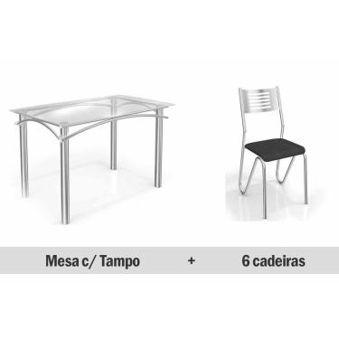 Imagem de Conjunto: Mesa Sala Jantar Elba c/ Tampo Vidro 140cm + 6 Cadeiras Nápoles Cromado/Courano Preto - Kappesberg