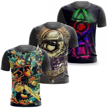 Imagem de Kit 3 Camisa Gamer Geek Series e Filmes Retro Vader Camiseta Masculina do botao do Play 3D-Masculino