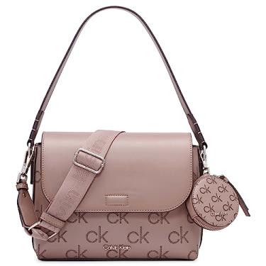 Imagem de Calvin Klein Bolsa de ombro e tiracolo Millie 2 em 1 com aba, Logotipo de tijolo em relevo de cacau, One Size