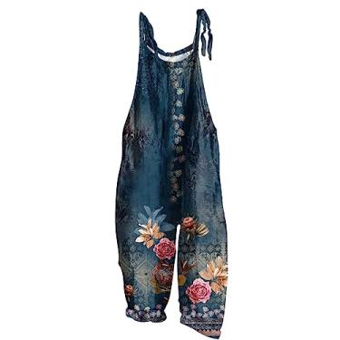 Imagem de SHOPESSA Macacões de verão para mulheres 2024 bolsos de linho perna larga macacões de praia roupas de cruzeiro para mulheres 2024, Macaquinho azul-marinho plus size, M