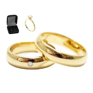 Imagem de Alianças Par 6mm Italianas Com Pedra Brilhante de Zirconia Banhadas a Ouro 24k com Anel Solitario e Caixa de Veludo Premium Casamento Noivado Namoro