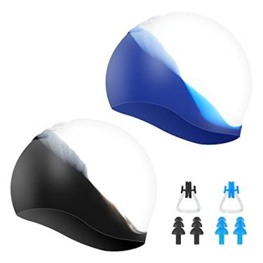 Imagem de Pacote com 2 toucas de natação para mulheres, crianças, natação, à prova d'água, de silicone, duráveis, elásticas, antiderrapantes, para piscina, com protetores de ouvido e clipes de nariz para homens, adultos, meninos, meninas, cores mistas