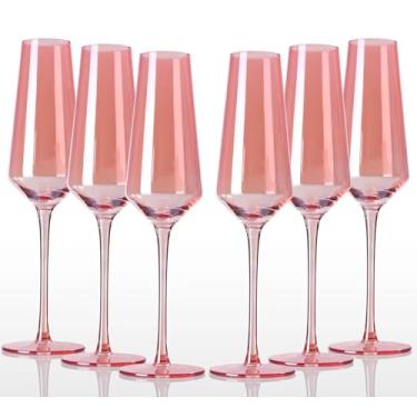 Imagem de comfit Conjunto de 6 taças de champanhe rosa de 241 g - taças de champanhe coloridas com haste cupê reutilizável para brindar - taças de vinho rosa noiva para festa de aniversário, casamento