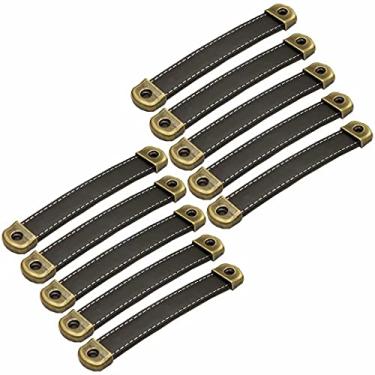 Imagem de 10 peças de couro PU + maçaneta de porta de liga de zinco, puxador de gaveta de mala puxador de armário de couro feito à mão puxadores de porta simples ferragens de móveis (distância do buraco preto