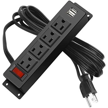Imagem de Tira de energia de montagem na parede com 4 tomadas, tira de energia montável com 2 portas USB, montagem sob mesa de 4 portas conecta-se com cabo de alimentação de 6 pés, para bancada, cabeceira, mesa.