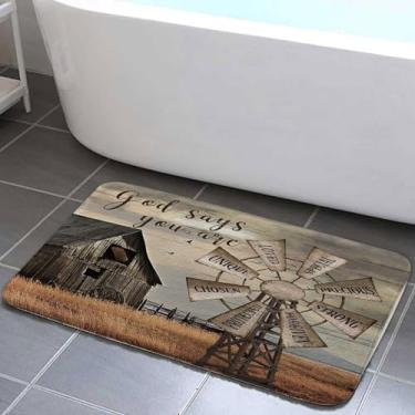 Imagem de Jipusai Tapetes rústicos para banheiro com moinho de vento ocidental, citações inspiradoras, tapete de banheiro vintage, decoração de banheiro, tapete de flanela antiderrapante para banheiro 48 x 78
