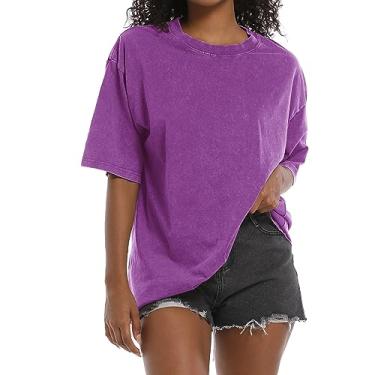Imagem de BINTEHGS Camisetas grandes vintage grunge para mulheres, manga curta, algodão, casual, folgada, para adolescentes, gola redonda, blusas soltas, Lavagem ácida: puprple, XGG