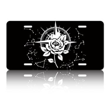 Imagem de Bússola Rose Placa de licença planeta galáxia capa de placa de licença bússola acessórios de carro engraçado placa de carro frontal personalizada placa de vaidade preta aço inoxidável decoração de