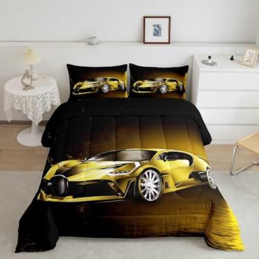 Imagem de Feelyou Conjunto de edredom de carro de corrida amarelo para crianças, meninos, meninas, tema de esportes radicais, velocidade legal, decoração de carro de luxo com 1 fronha, 2 peças, tamanho infantil