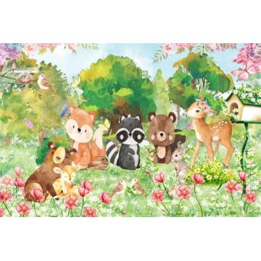 Imagem de Painel de Lona Animais Amigos Reunidos Flores - Fabrika de Festa, 100x
