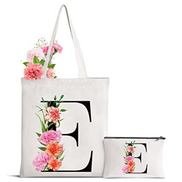 Imagem de Sanuurfky Sacola de lona com letra inicial personalizada para presente para o dia das mães, damas de honra, noiva, aniversário, casamento, Flor - E, Large