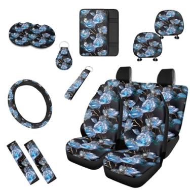 Imagem de Uskorhein Impressão de arte azul rosa cristal 13 peças capas de assento de carro conjunto completo rosa desenho à mão capa de volante capa de encosto de cabeça porta-copos chaveiros para caminhões