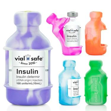 Imagem de VIAL SAFE | Estojo protetor para frasco de insulina | Protetor e tampa seguros para frascos de insulina de 10 ml | Adequado para Levemir, Lispro, Lyumjev, Fiasp, Tresbia | Pacote com 5 unidades | Cores Tie Dye