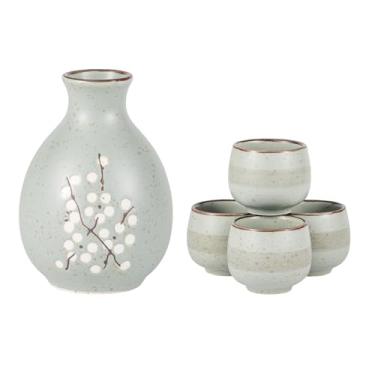 Imagem de Hinomaru Collection Conjunto de saquê japonês Tokkuri com design de flor de ameixa Ume Garrafa de 266 ml com quatro copos de saquê Ochoko 44 ml Jarra de servir de saquê frio quente (azul)