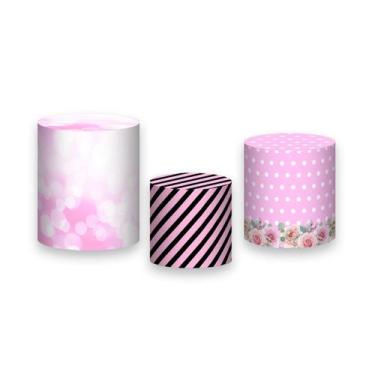Imagem de Trio De Capa Cilindro - Listras Rosa Aquarela Cute 007 - Via Cores