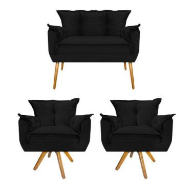 Imagem de Kit Namoradeira e 02 Poltronas Opala Base Giratória de Madeira Suede P