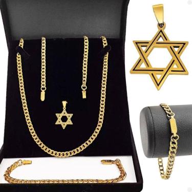 Imagem de Kit Acessórios Corrente Pingente Estrela Davi Pulseira Aço