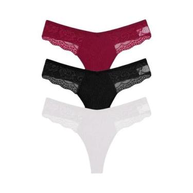 Imagem de Calcinhas Tangas de Renda e Algodão - 3 Peças - Cintura Baixa, M, Conj