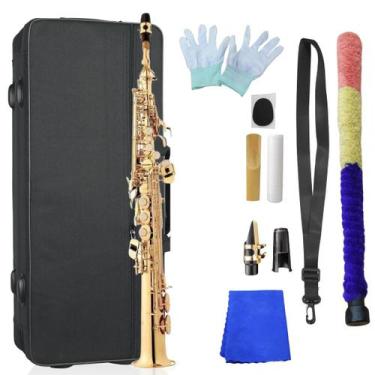 Imagem de Saxofone Sax Sib Soprano Reto Laqueado Dourado + Case Luxo - BELL