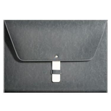 Imagem de Yufocusqc Pasta de arquivo A4 de couro PU grande porta-documentos à prova d'água com fecho artesanal (cinza)