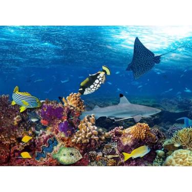 Imagem de Riivvdise Fundo de aquário submarino peixes tropicais subaquáticos fundo de terrário de recifes de corais com tema mundial sob o mar fundo de tanque de peixes tubarão mar azul com raios de sol pano de