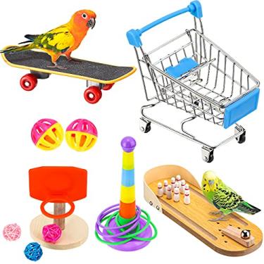 Imagem de 10 peças de brinquedos de treinamento de pássaros, brinquedos de treinamento de papagaio, incluindo boliche, basquete, brinquedos, carrinho de compras, skate, bola, papagaio, papagaio, inteligência