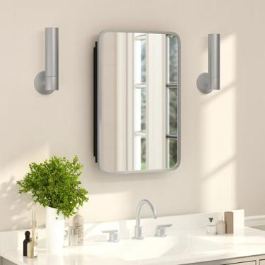 Imagem de Flash Furniture Jolie Armário de remédios embutido para banheiro com espelho chanfrado arredondado e moldura de metal reversível, conjunto de 1, prata
