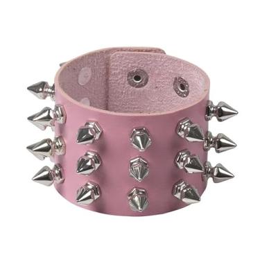 Imagem de Azusa Sun Pulseira de metal com rebite de ponta, pulseira de couro cravejado punk rock, joias para festas de fim de ano, presentes para homens e mulheres, One size, Couro, Sem Pedra Preciosa