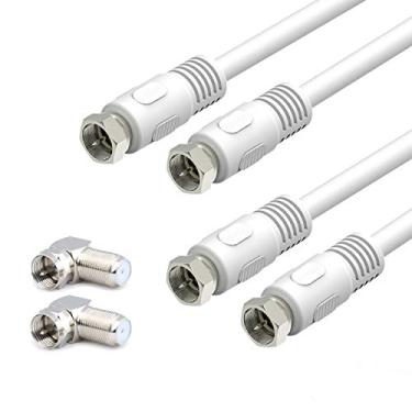 Imagem de Cabo coaxial curto, pacote com 2 cabos coaxiais de 0,3 m, cabo RG6 de 0,3 m com conectores de ângulo reto, cabos coaxiais digitais brancos com escudo de 75 Ohm com conectores F-macho, ideal para