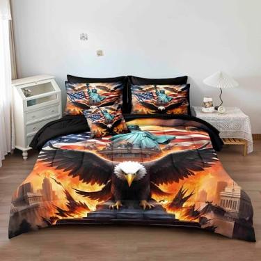 Imagem de Herside Conjunto de edredom com bandeira americana, 8 peças, tamanho Queen, águia careca e estátua da liberdade, conjunto de cama respirável e aconchegante para todas as estações
