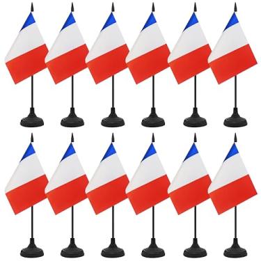 Imagem de Conjunto de 12 bandeiras de mesa da França, bandeira de escritório de mesa francesa, pequena bandeira de mesa em miniatura com mastro preto e base preta, sala de aula, decoração de mesa de reunião de