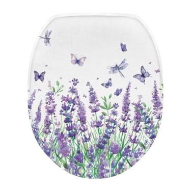 Imagem de Uorisanigo Capa de assento de vaso sanitário alongada lavanda roxa de tecido macio e absorvente, oval se encaixa na maioria das tampas padrão com faixa elástica para acessórios de decoração de