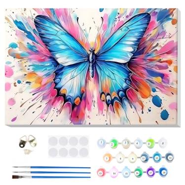 Imagem de MOGTAA Kit de pintura de borboleta por números para adultos iniciantes emoldurado, kits de pintura por números para adultos em tela, kits fáceis de pintar por número, kits de pintura a óleo de