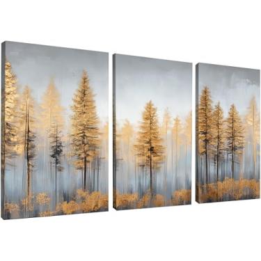 Imagem de Kit 3 Quadros Decorativos Canvas, Árvore Dourada, 50x70cm, Arte Para Quarto, Sala, Corredor