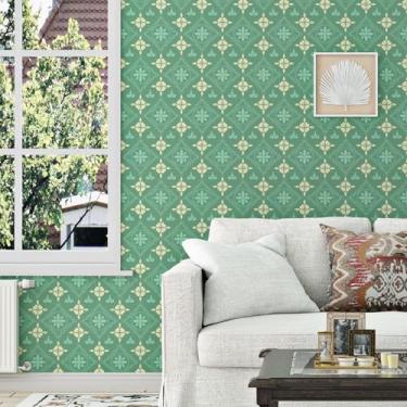 Imagem de Mangoloo Papel de parede floral descasque e cole papel de parede geométrico boho vintage autoadesivo removível verde/amarelo papel de contato de vinil floral para armários à prova d'água forro de