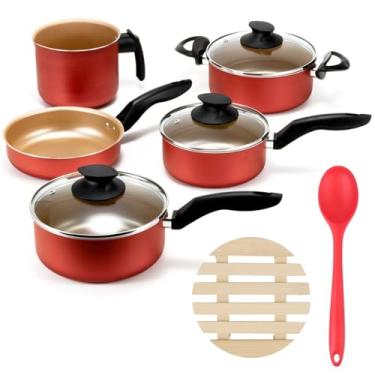 Imagem de Jogo de Panelas 05 Peças Antiaderentes C/Tampas de Vidro + 05 Descansos Redondos + Colher de Silicone Vermelha