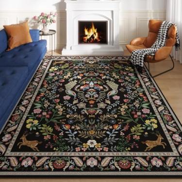 Imagem de Tapete para sala de estar, 15 x 23 cm, lavável na máquina, floral, antiderrapante, tapete grande para sala de estar, quarto, casa de fazenda, sala de jantar, sala de jogos infantil (preto vibrante)
