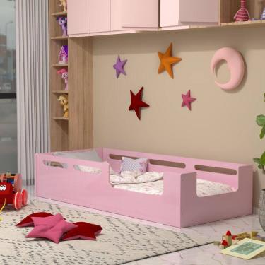 Imagem de Cama Solteiro Infantil Montessori Com Proteção Lateral Amora Rosa