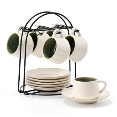 Imagem de SIDUCAL Conjunto de 6 xícaras de café expresso [113 g] Copo de cappuccino de cerâmica empilhável com pires e suporte de copo, seguro para micro-ondas/lava-louças, xícaras de café expresso Demitasse