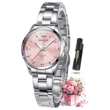 Imagem de OLEVS Relógios femininos luxuosos, elegantes, de aço inoxidável, à prova d'água, luminosos, diamantes, modernos, relógios femininos para pulsos pequenos, relógio feminino rosa prateado, relógio