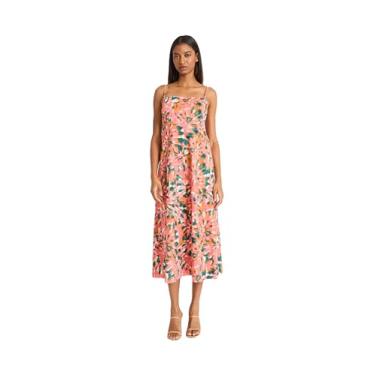 Imagem de The Good Journey Vestido feminino midi de verão franzido nas costas e alças finas ajustáveis em linha A, Marfim/coral/azul-petróleo, 52