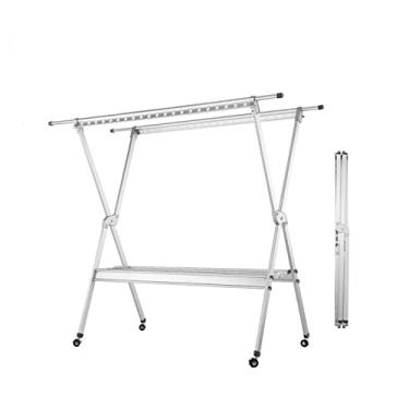 Imagem de Arara de roupas dobrável telescópica haste dupla em forma de X, suporte de roupas de chão de liga de alumínio, com 4 rodízios cabideiro portátil (cor: rosa) (prata)