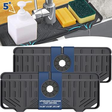 Imagem de 2 peças de bandeja coletora de gotejamento com alça de torneira de silicone, suporte de esponja 2 em 1 para pia de cozinha e protetor de respingos de pia, tapete de secagem de torneira de silicone