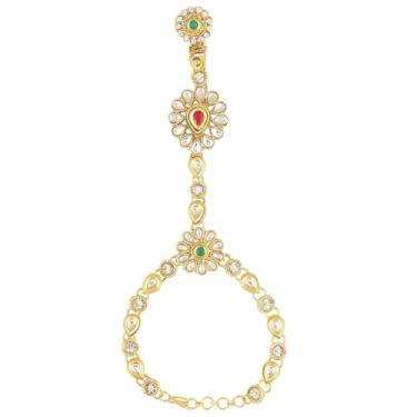 Imagem de Efulgenz Joias indianas Kundan tradicional corrente de mão de cristal anel de dedo pulseira escrava corrente elo pulseira para mulheres meninas, One Size, Metal, não conhecido